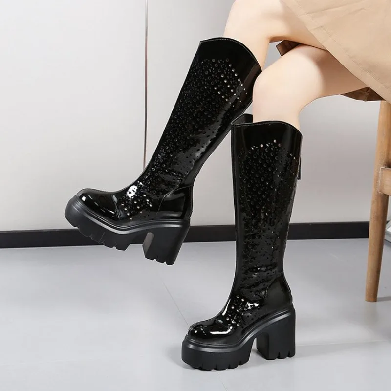 Women's High Heel Long Boots Spring Summer Thick Bottomed Increased Height Knee High Fashion Boots round Toe Zipper