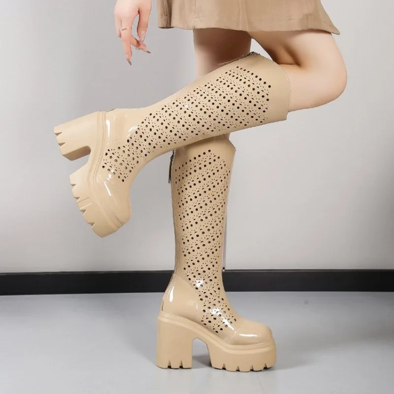 Women's High Heel Long Boots Spring Summer Thick Bottomed Increased Height Knee High Fashion Boots round Toe Zipper
