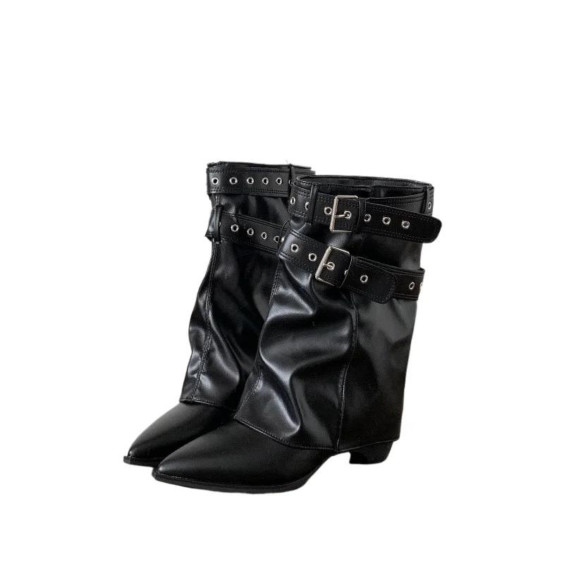 Women Pipe Boots Fashion Belt Buckle Ladies Elegant Slip On Mordern Mid Calf Booties Autumn Vintage Thick Heel Pointed Toe