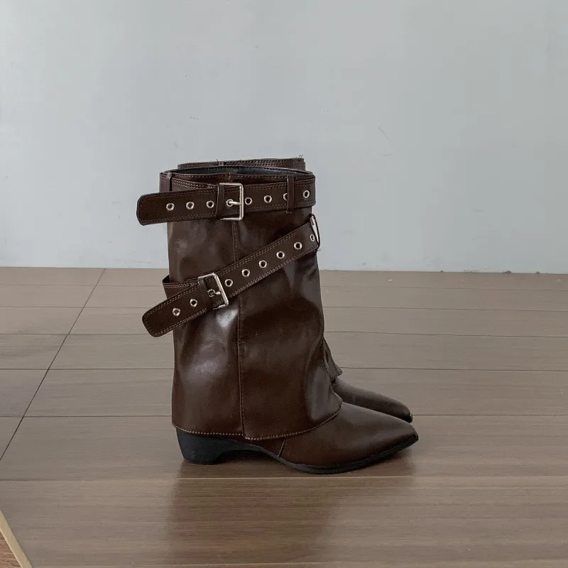 Women Pipe Boots Fashion Belt Buckle Ladies Elegant Slip On Mordern Mid Calf Booties Autumn Vintage Thick Heel Pointed Toe