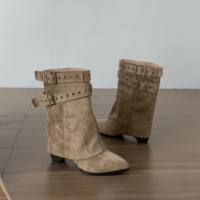 Women Pipe Boots Fashion Belt Buckle Ladies Elegant Slip On Mordern Mid Calf Booties Autumn Vintage Thick Heel Pointed Toe