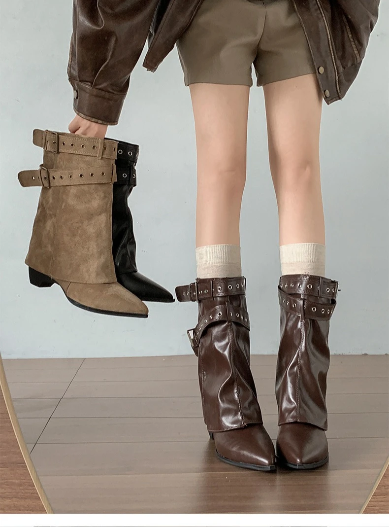 Women Pipe Boots Fashion Belt Buckle Ladies Elegant Slip On Mordern Mid Calf Booties Autumn Vintage Thick Heel Pointed Toe