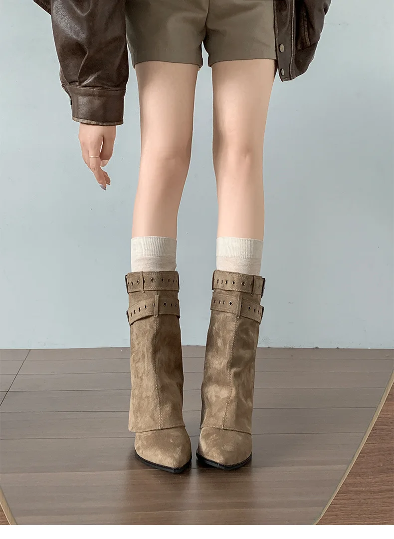 Women Pipe Boots Fashion Belt Buckle Ladies Elegant Slip On Mordern Mid Calf Booties Autumn Vintage Thick Heel Pointed Toe