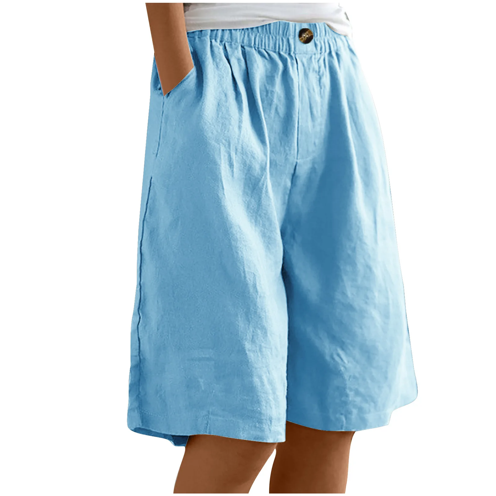 2024 Summer Women's Middle Pants Cotton and Hemp Shorts Five Quarter Pants Loose High Waist Button Shorts for Female