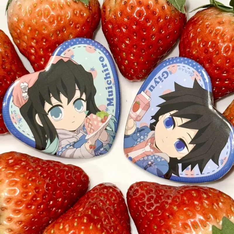 Demon Slayer Heart Brooch Women Tomioka Giyuu Button Badge Tokito Muichiro Pins Cute Strawberry Theme Double Anime Fan Gift