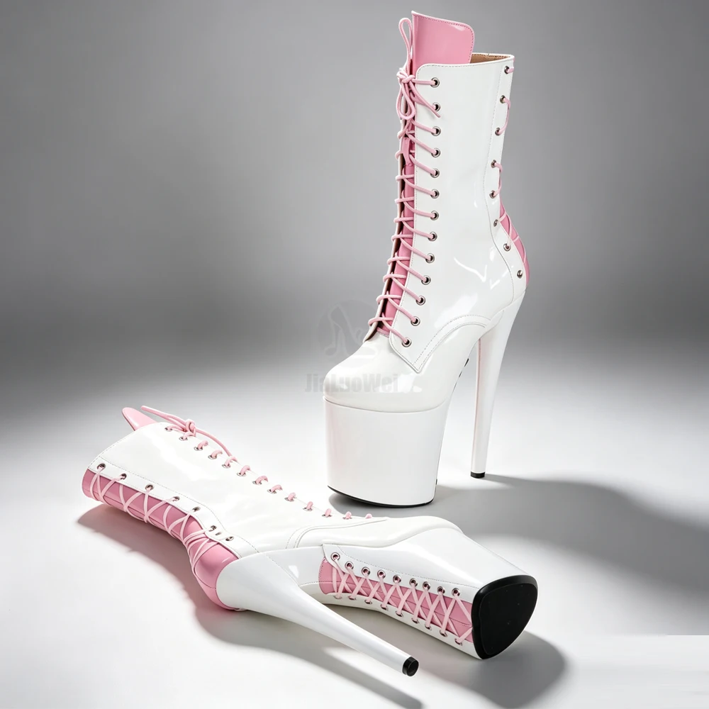 JIALUOWEI Mixed Color 8 Inch Platform High Heel Pole Ankle Boots Lace Up Front