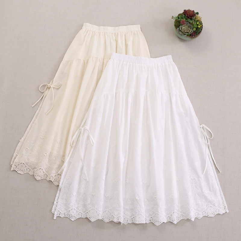 Japanese Sweet Mori Girl Solid Color Embroidery 100% Cotton Skirt Women Spring Summer New Double Layered Lining  A-line Skirt