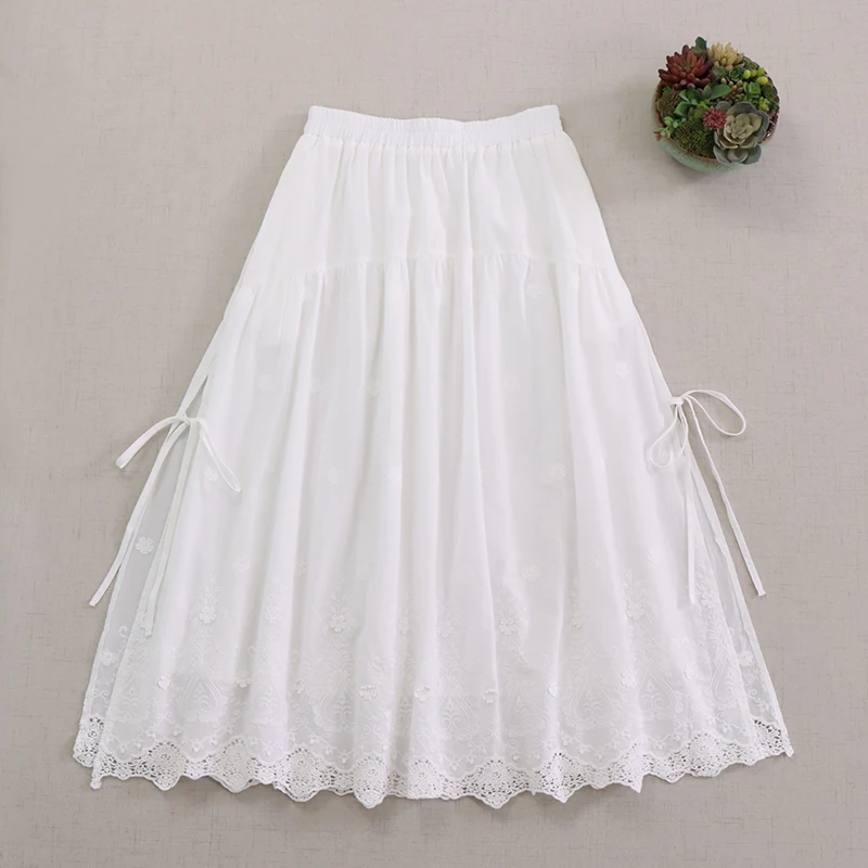 Japanese Sweet Mori Girl Solid Color Embroidery 100% Cotton Skirt Women Spring Summer New Double Layered Lining  A-line Skirt