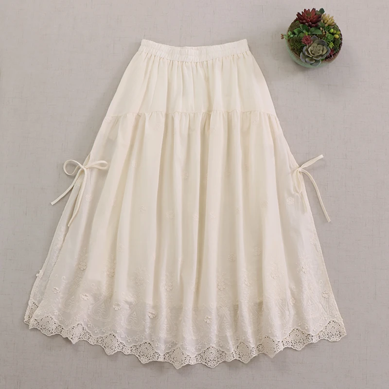 Japanese Sweet Mori Girl Solid Color Embroidery 100% Cotton Skirt Women Spring Summer New Double Layered Lining  A-line Skirt