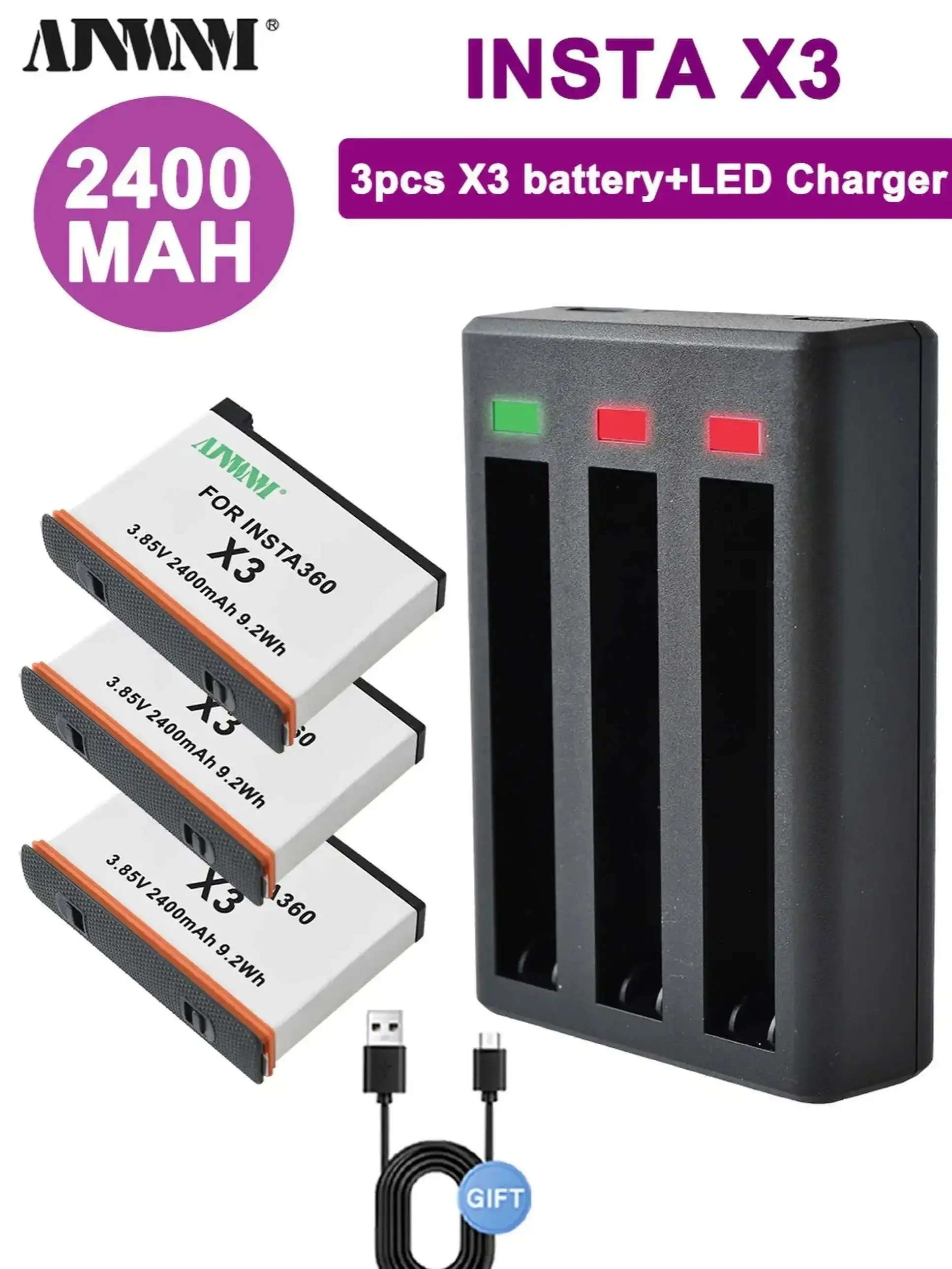 AJNWNM 2400mAh High Capacity Battery For Insta360 X3 Rechargeable Camera Battery For Insta 360 X 3 Action Camera Accessories
