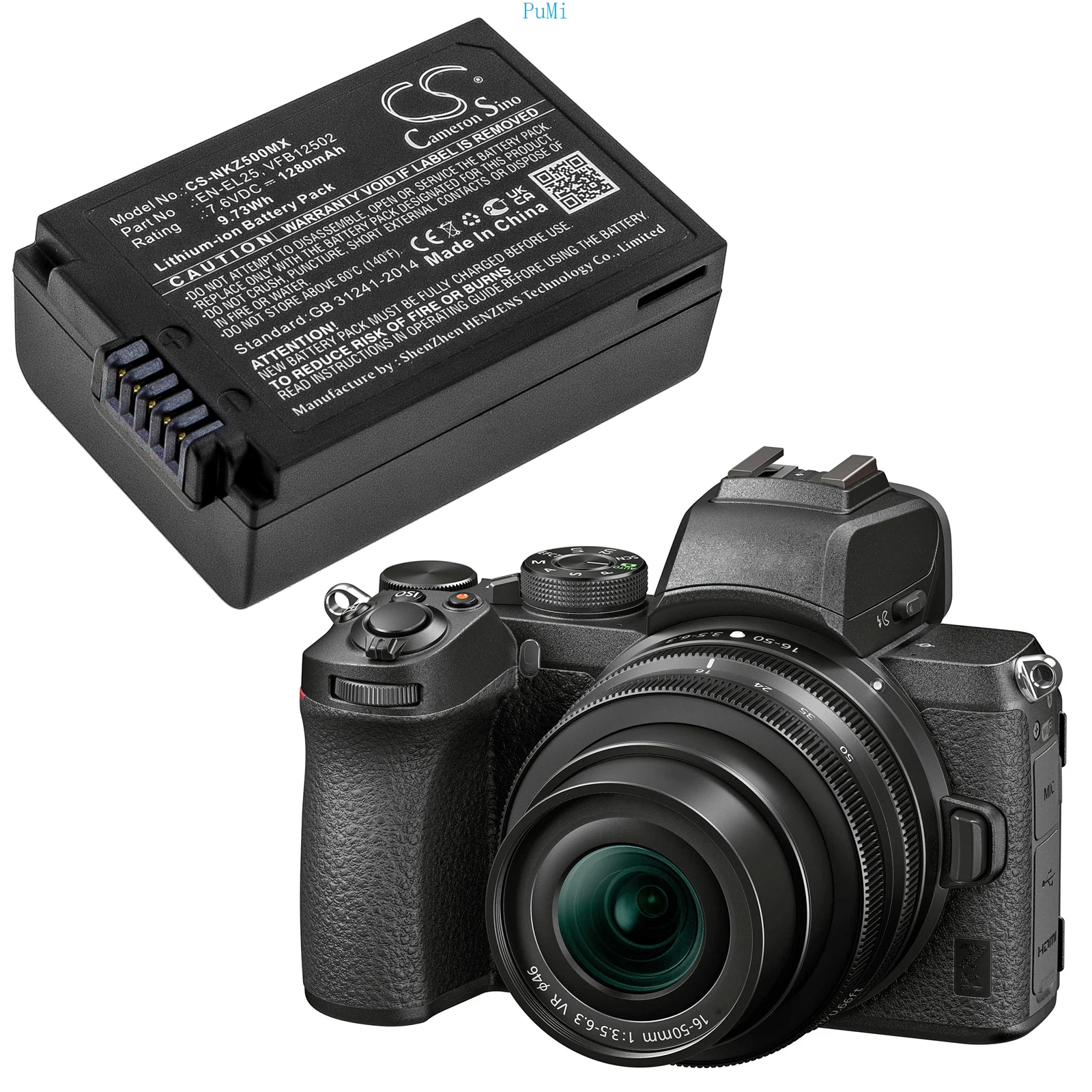 CameronSino  Camera Li-ion Battery for Nikon EN-EL25 VFB12502 Z50 Z50ZFC Z30 Z FC Mirrorless 1280mAh 7.6V 9.73Wh