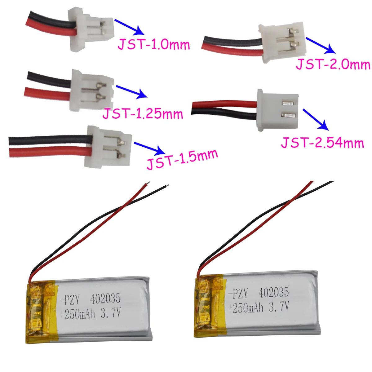 2pcs 3.7V 250 mAh 402035 Polymer Li Lipo Battery JST 2Pin 1.0/1.25/1.5/2.0/2.54mm For GPS Camera MP3 MP4 Driving Recorder LED