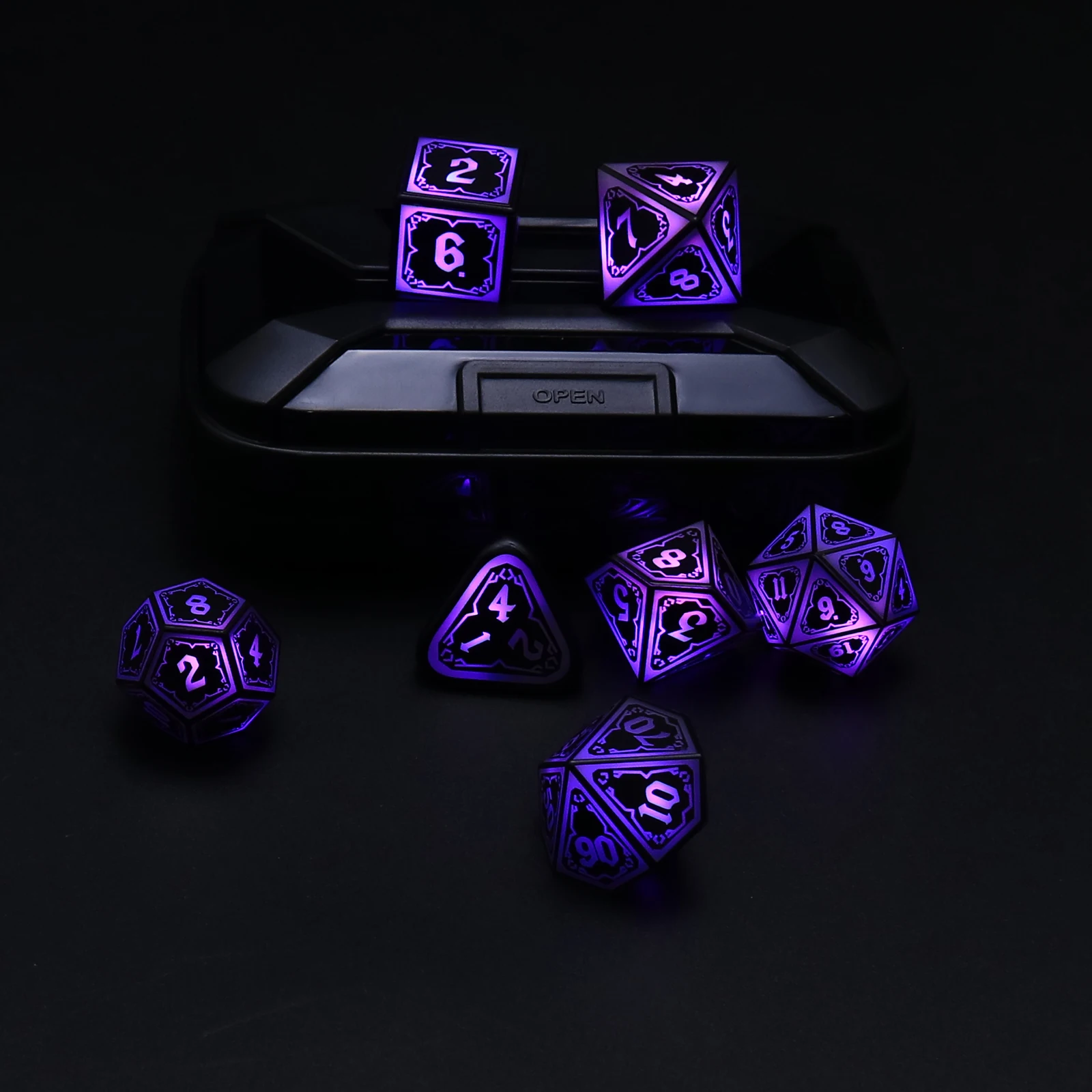 Purple LED Dice 7pcs with Charging Box Polyhedral RPG Dice Set for Role Playing Board Game Halloween Gift