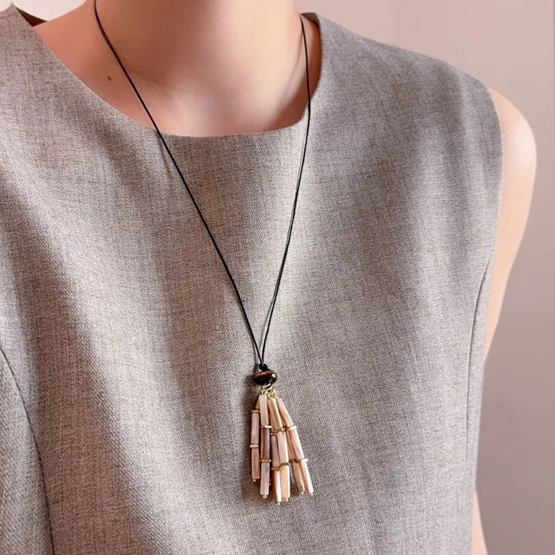 Minar Stylish Shell Natural Stone Tiger Eyes Beads Tassel Strand Pendant Necklace for Women Long Adjustable Rope Sweater Chain