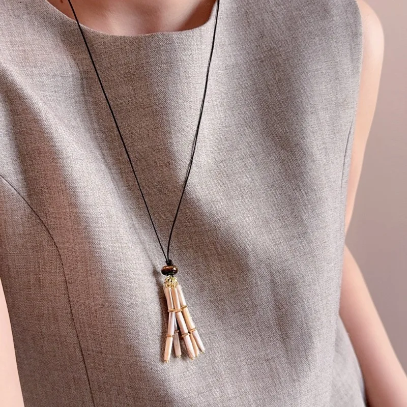 Minar Stylish Shell Natural Stone Tiger Eyes Beads Tassel Strand Pendant Necklace for Women Long Adjustable Rope Sweater Chain