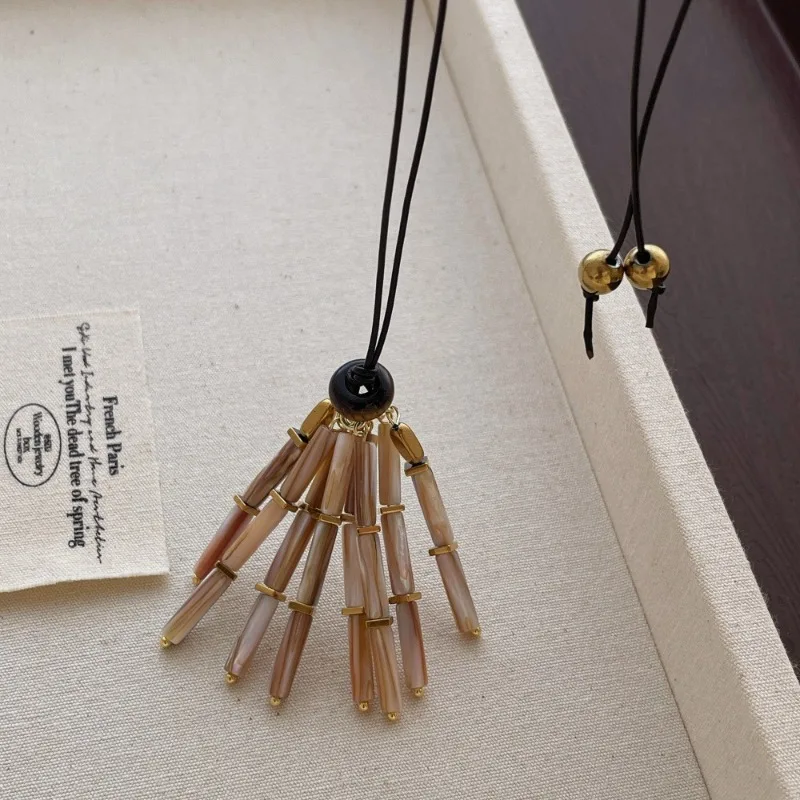Minar Stylish Shell Natural Stone Tiger Eyes Beads Tassel Strand Pendant Necklace for Women Long Adjustable Rope Sweater Chain