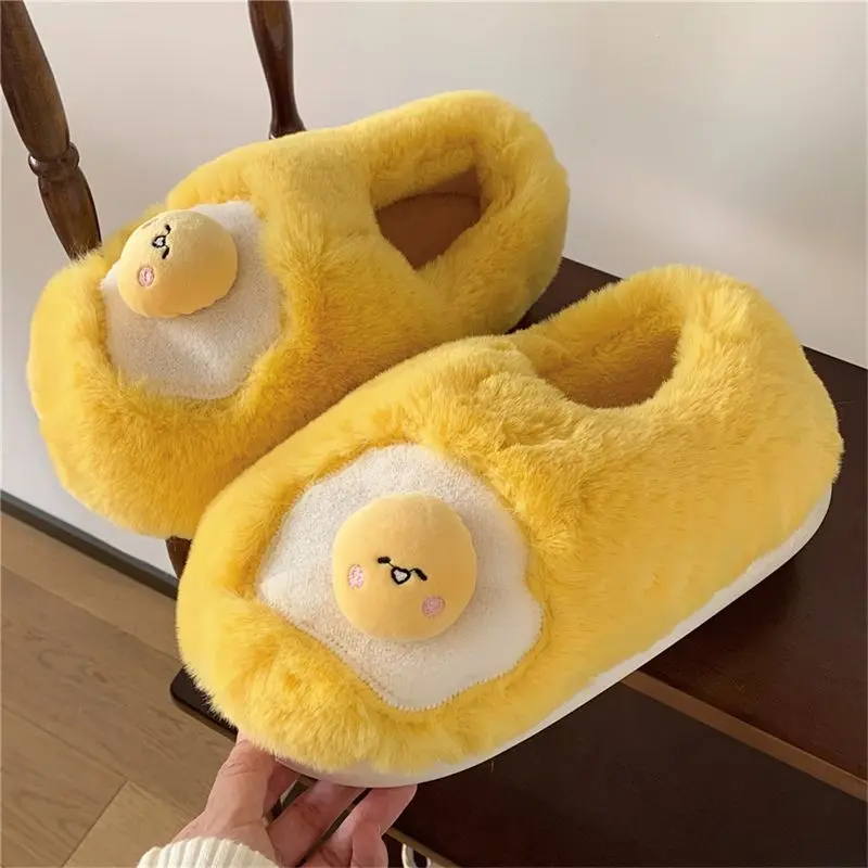New Cute Fried Egg Shaped Plush Slippers Women Novelty Sunny‑Side‑Up Fleece Lined Indoor Shoes Ladies Home Slip‑On Slipper