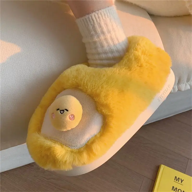 New Cute Fried Egg Shaped Plush Slippers Women Novelty Sunny‑Side‑Up Fleece Lined Indoor Shoes Ladies Home Slip‑On Slipper