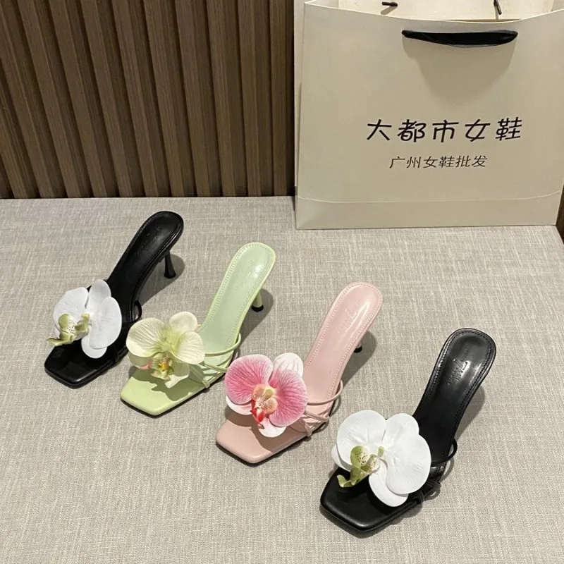 Flower Decoration Women Slippers Hawaiian Bohemian Vacation Style Women High Heel Slippers Square Head Open-toed Slippers Slides