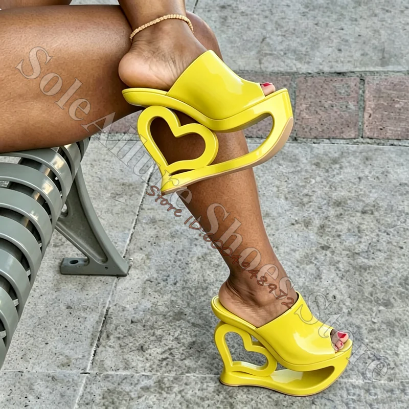 Patent Leather Heart Hollow Sculptural Wedge Platform Slide Sandals Single Wide Strap Open Peep Toe Cutout Unique Mule Sandals