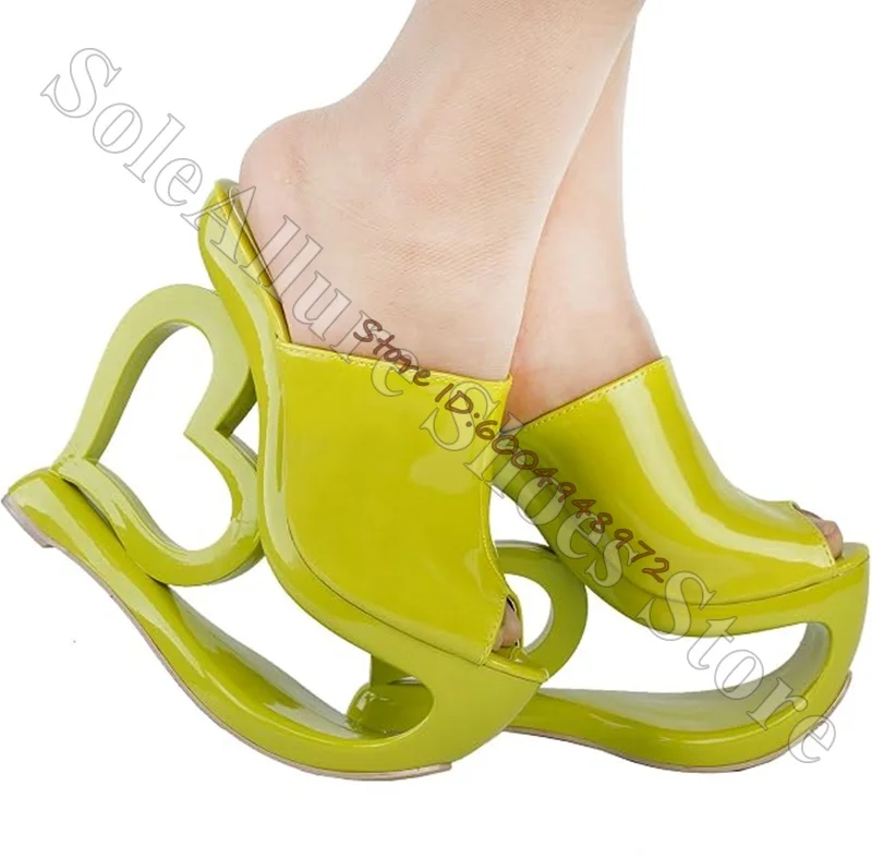 Patent Leather Heart Hollow Sculptural Wedge Platform Slide Sandals Single Wide Strap Open Peep Toe Cutout Unique Mule Sandals