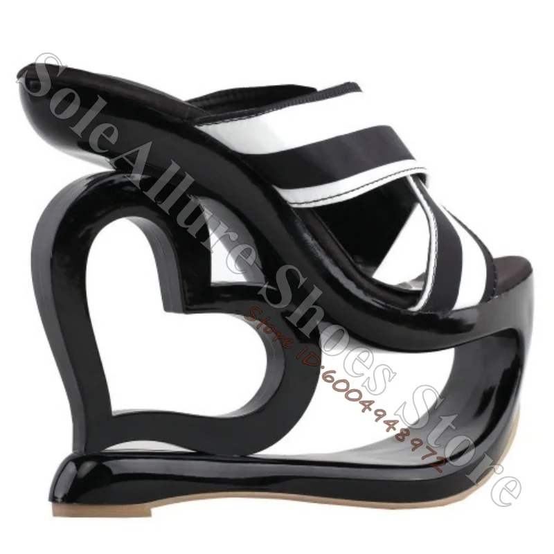 Stretch Febric Cross Strap Slide Sandals Women Hollow Heart Heel Patent Leather Avant Garde Slip On Open Toe Y2K Sandals