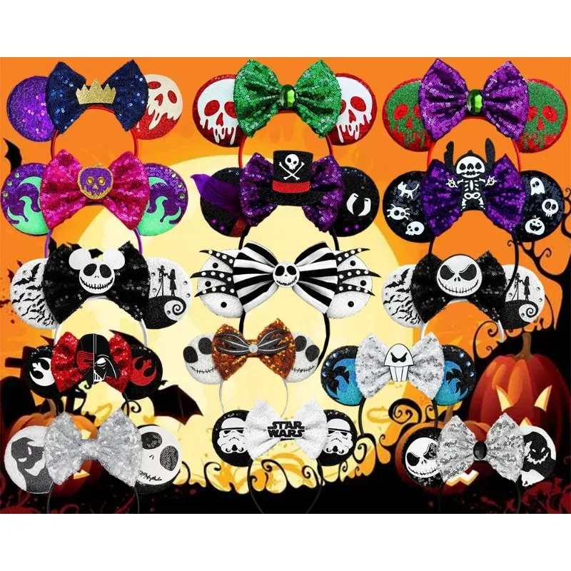 Disney Happy Halloween Ears Headband Women Hallowmas Easter Hairband Girl Sequins Bow Hair Accessories Kid Coslpay BirthdayGift
