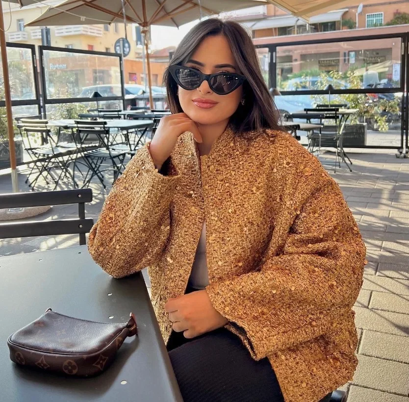 New Fashion Women's Sequined Bomber Jacket Fall O Neck Long Sleeve Gold Sequins Jacket Coat Female Glitter Chic Outerwear