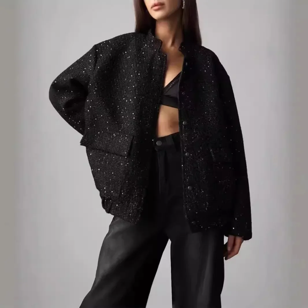 New Fashion Women's Sequined Bomber Jacket Fall O Neck Long Sleeve Gold Sequins Jacket Coat Female Glitter Chic Outerwear