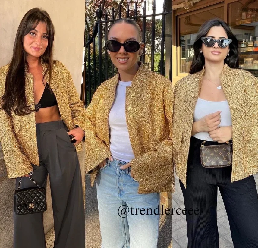 New Fashion Women's Sequined Bomber Jacket Fall O Neck Long Sleeve Gold Sequins Jacket Coat Female Glitter Chic Outerwear