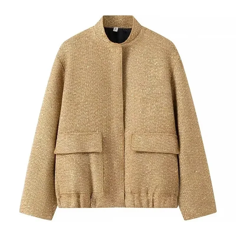 New Fashion Women's Sequined Bomber Jacket Fall O Neck Long Sleeve Gold Sequins Jacket Coat Female Glitter Chic Outerwear