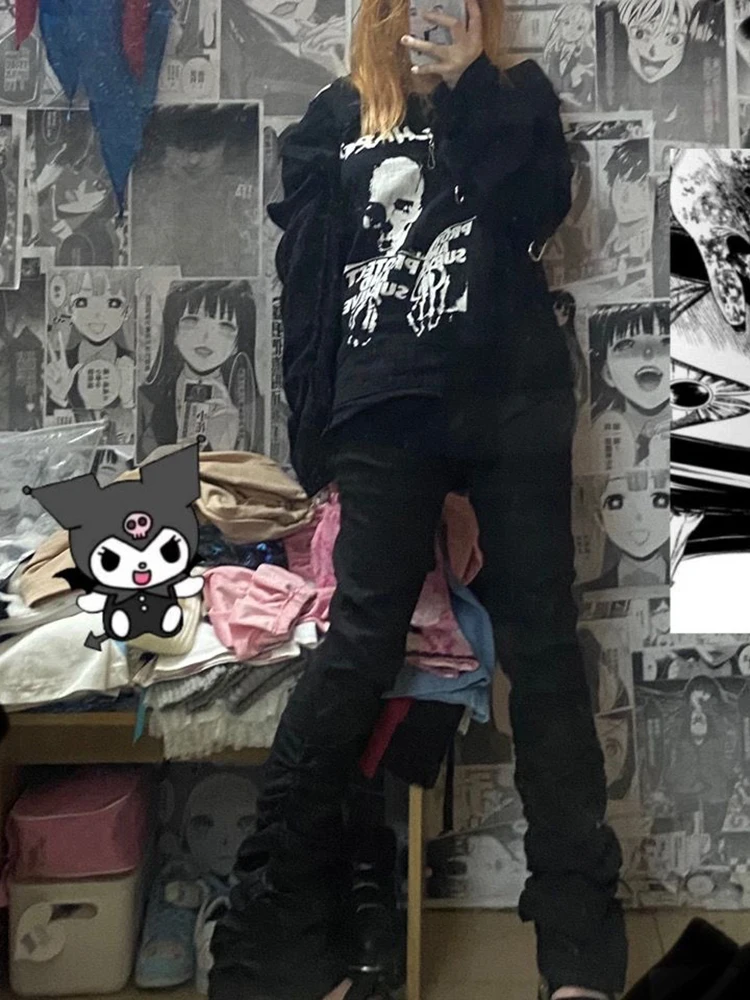 REDDACHiC Goth Lolita Black Pants Casual Flare Stacked Jeans Women Stretchy High Waist Trousers 2000s Y2K Grunge Emo Streetwear
