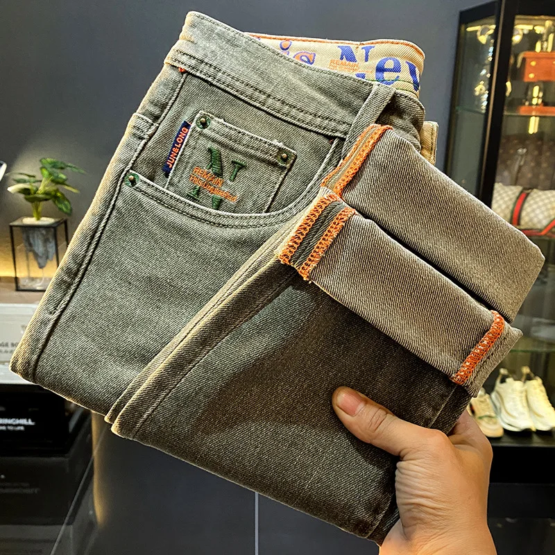 Vintage Distressed Green Jeans for Men 2024 Spring and Autumn New Fashion Slim Fit Skinny Casual Stretch Pants