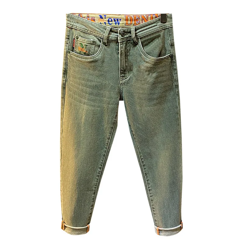 Vintage Distressed Green Jeans for Men 2024 Spring and Autumn New Fashion Slim Fit Skinny Casual Stretch Pants