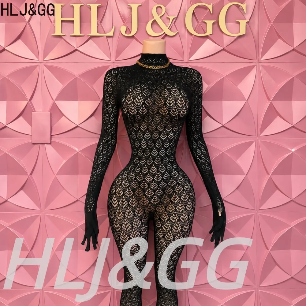 HLJ&GG Women See Through Jumpsuits Body Stocking Long Sleeve Hollow Out Mesh Catsuit Full Bodycon Stretchy Clubwear Bodysuit INS
