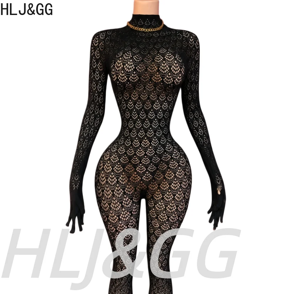 HLJ&GG Women See Through Jumpsuits Body Stocking Long Sleeve Hollow Out Mesh Catsuit Full Bodycon Stretchy Clubwear Bodysuit INS
