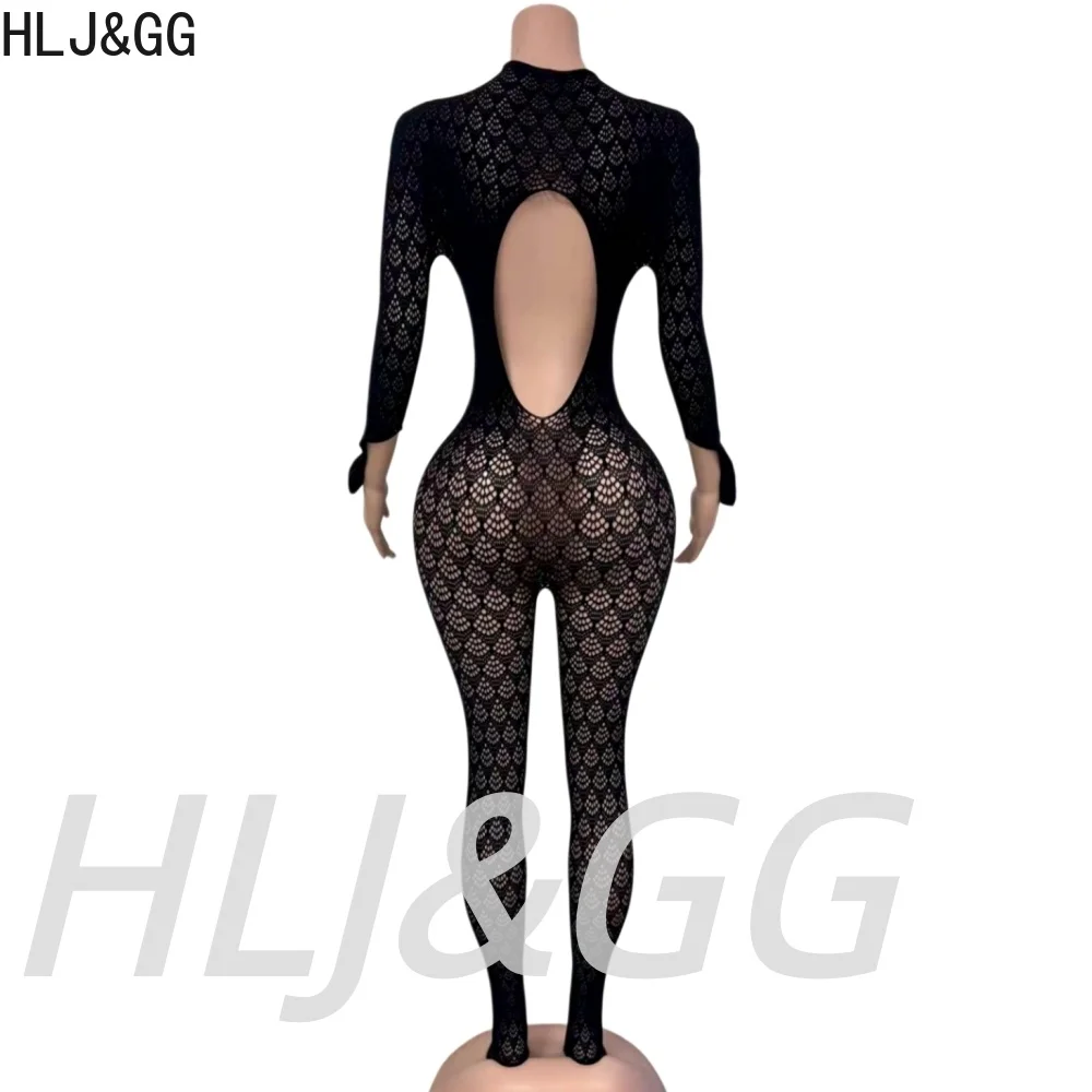 HLJ&GG Women See Through Jumpsuits Body Stocking Long Sleeve Hollow Out Mesh Catsuit Full Bodycon Stretchy Clubwear Bodysuit INS