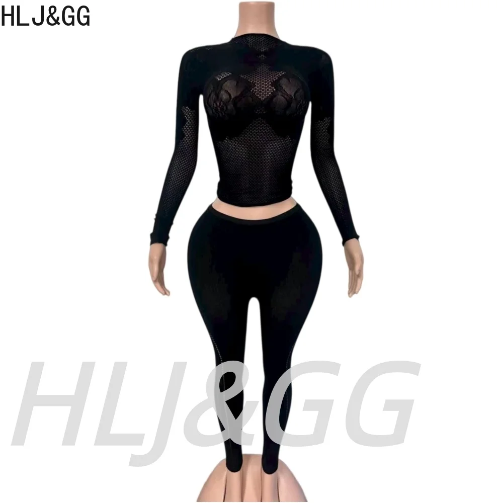 HLJ&GG Women See Through Jumpsuits Body Stocking Long Sleeve Hollow Out Mesh Catsuit Full Bodycon Stretchy Clubwear Bodysuit INS