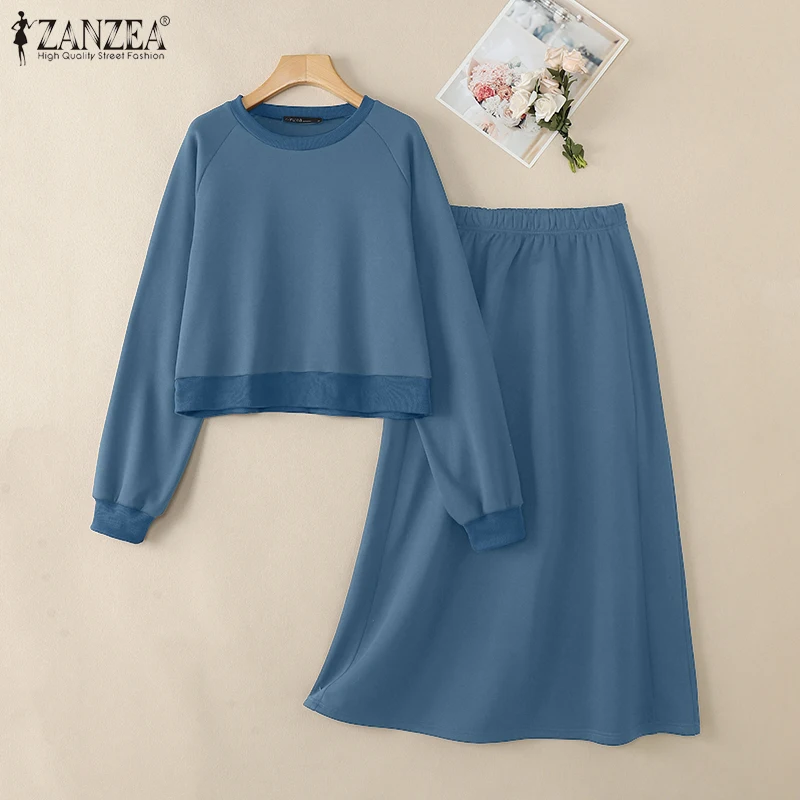 ZANZEA 2026 Fashion Women Dress Sets Casual 2 Piece Sets Long Sleeve Top and High Waist Long Skirt Sets Solid Loose Tracksuits