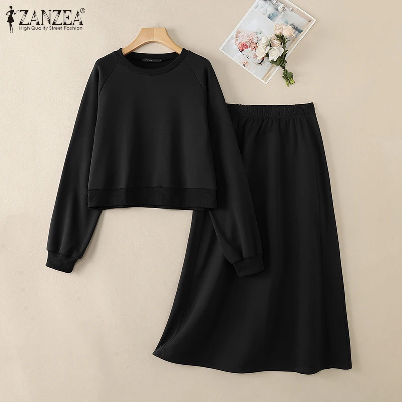 ZANZEA 2026 Fashion Women Dress Sets Casual 2 Piece Sets Long Sleeve Top and High Waist Long Skirt Sets Solid Loose Tracksuits