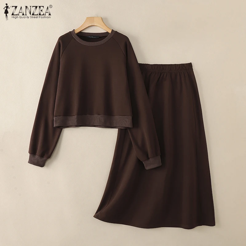 ZANZEA 2026 Fashion Women Dress Sets Casual 2 Piece Sets Long Sleeve Top and High Waist Long Skirt Sets Solid Loose Tracksuits