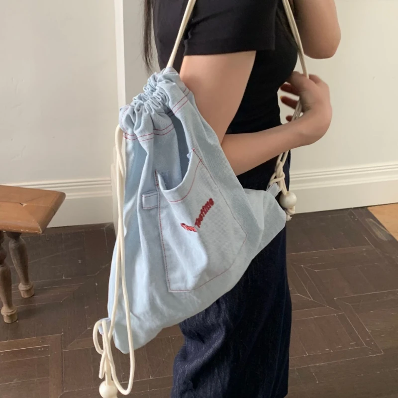 Women's Canvas Drawstring Handbag Korean Style Convertible Shoulder Bag Backpack Girl Small Portable Casual Travel Bag