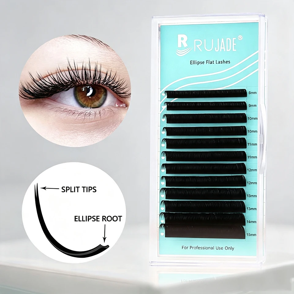 RUJADE Faux Mink Lash Ellipse Flat Eyelash Extension C/CC/D Curl Double Split Tips Soft Makeup False Lash Natural Flat Eye Lash