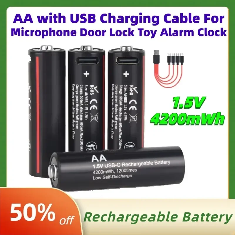 1.5V 4200mWh Lithium Battery AA Rechargeable Batteries with USB Charging Cable for Microphone Door Lock Toy Alarm Clock