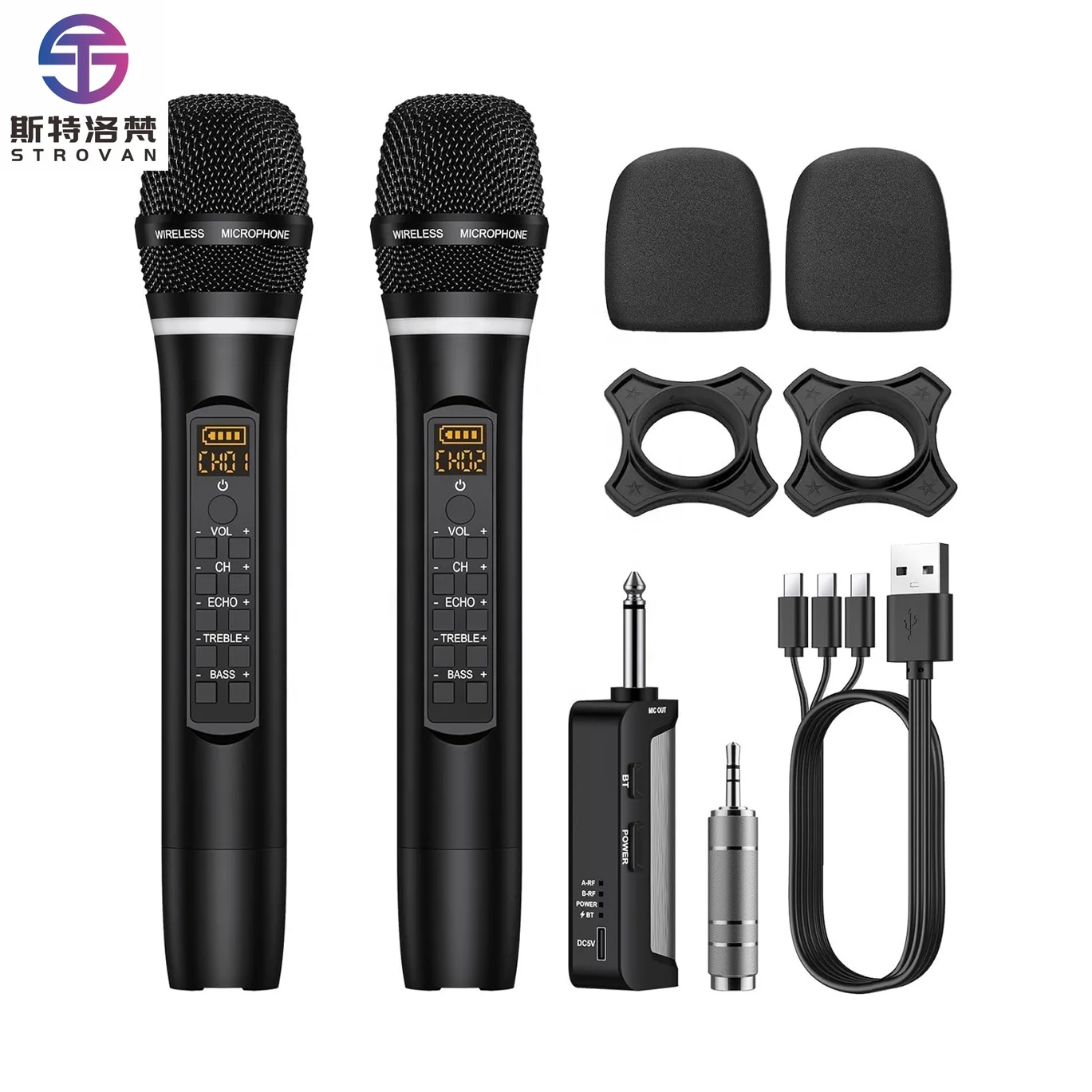UHF Rechargeable Dual Handheld Dynamic Karaoke Microphone System Wireless with Treble Bass  Control