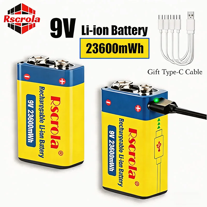 Long-Lasting 9V Lithium Ion Rechargeable Battery 23600mWh High Capacity for Guitar Microphone Smoke Detector Pedal with Cable