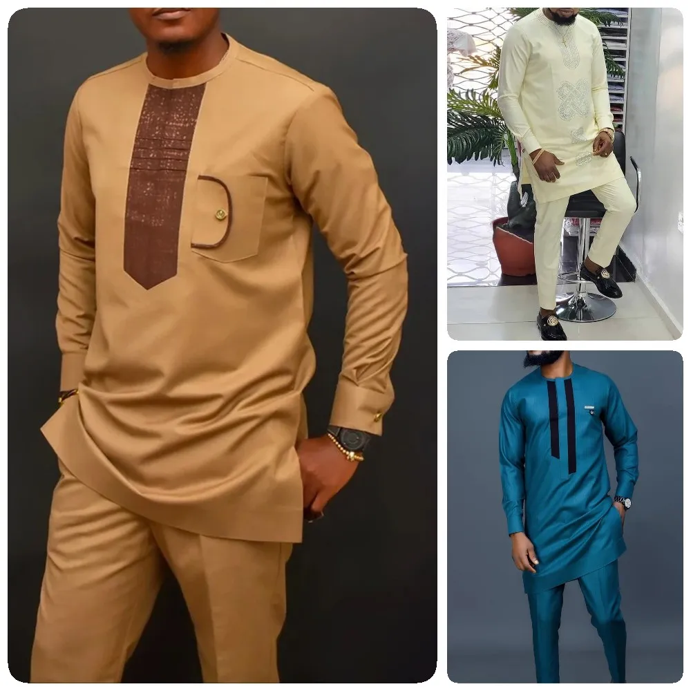 Dashiki Men Clothing 2 Pieces Long Sleeve Outfit African Clothes For Men Solid Color Casual Riche Shirt Pant Full Men‘s Suits