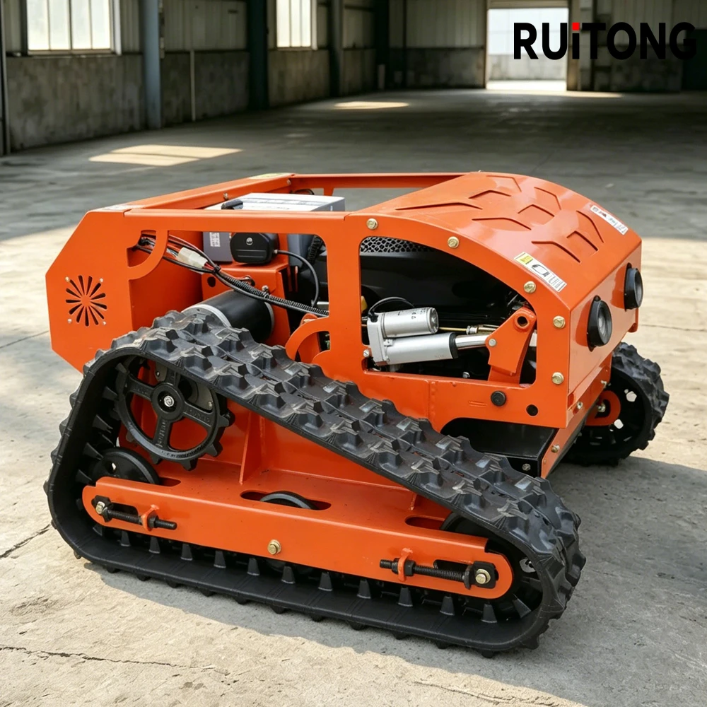 Low-noise, remote controlled tracked lawn mower with CE and EPA certification capable of mulching operations