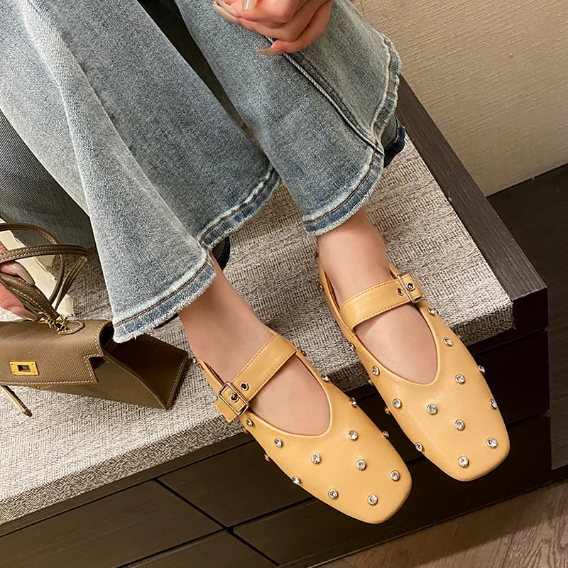 French Style Retro Square Toe Shallow Shoes Metal Rivet Rhinestone Flats Casual Large Size Single Buckle Mary Women Loafers