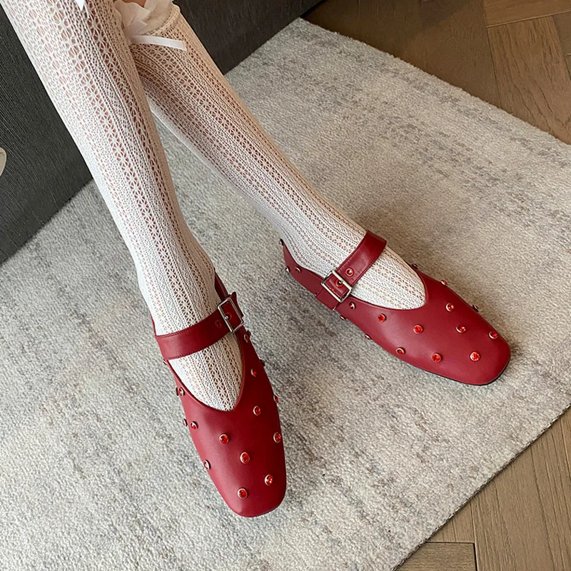 French Style Retro Square Toe Shallow Shoes Metal Rivet Rhinestone Flats Casual Large Size Single Buckle Mary Women Loafers